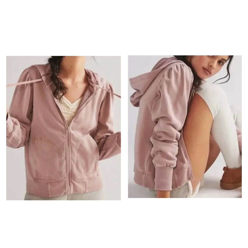 DAILY PRACTICE Puff Sleeve‎ Zip Up Hoodie Sweatshirt Stonewashed Pink Sz S